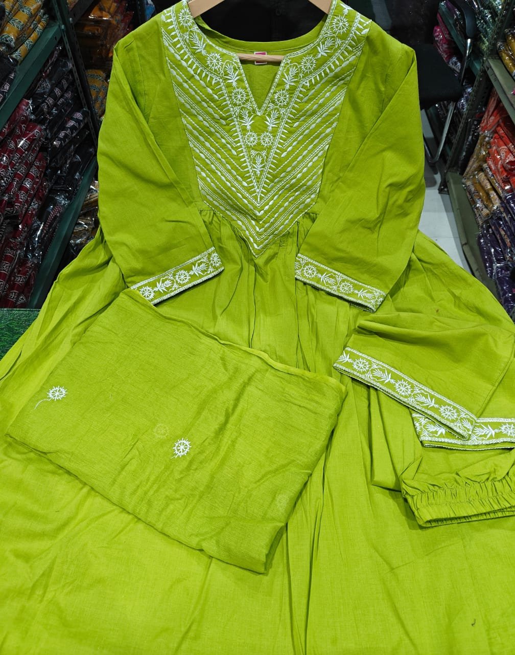 Yellow Cotton Embroidered Anarkali Suit Set with Dupatta